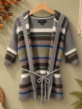 Streetwear Society Hooded Striped Belted Cardigan Sweater L 22” PTP Boho